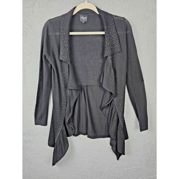 Colour Works Cardigan Sweater Womens S Black Silver Stud Long Open High Low - Picture 1 of 10